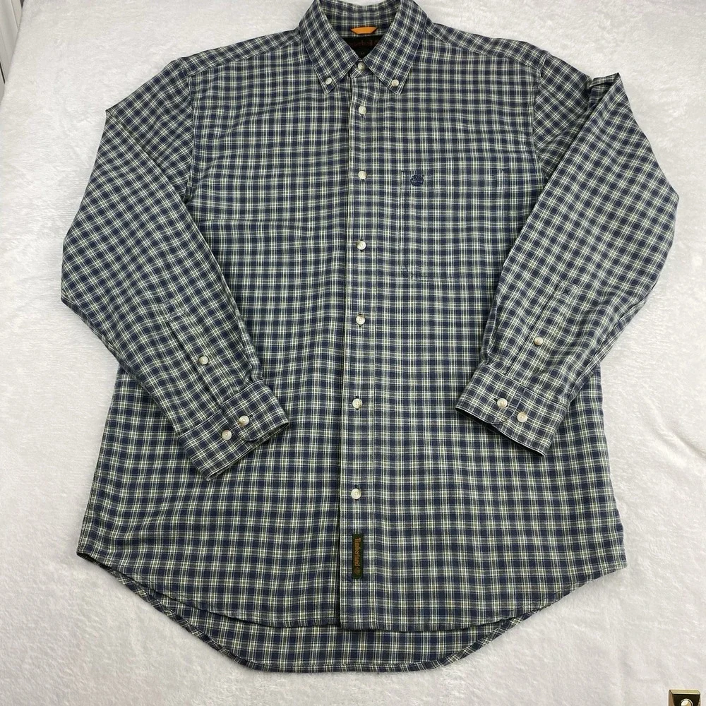 Timberland Men's Medium Blue‎ Green Plaid Button-Down Shirt Long Sleeve